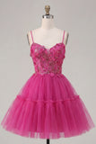A Line Sparkly Fuchsia Corset Floral Beaded Short Spaghetti Straps Homecoming Dress