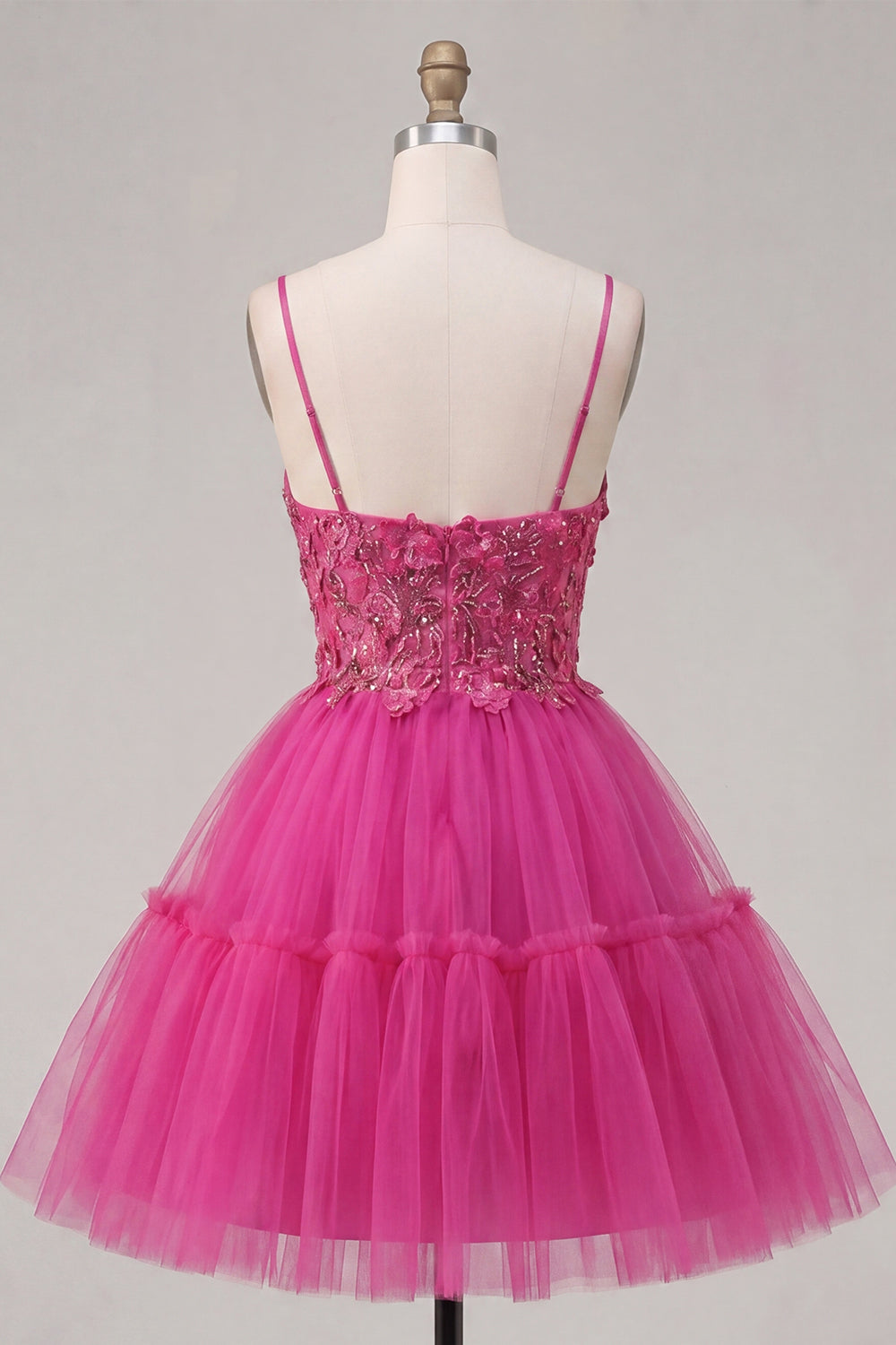 A Line Sparkly Fuchsia Corset Floral Beaded Short Spaghetti Straps Homecoming Dress