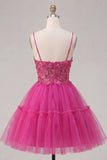 A Line Sparkly Fuchsia Corset Floral Beaded Short Spaghetti Straps Homecoming Dress