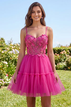A Line Sparkly Fuchsia Corset Floral Beaded Short Spaghetti Straps Homecoming Dress
