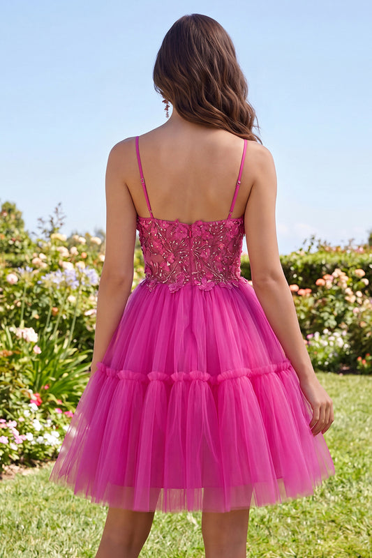 A Line Sparkly Fuchsia Corset Floral Beaded Short Spaghetti Straps Homecoming Dress