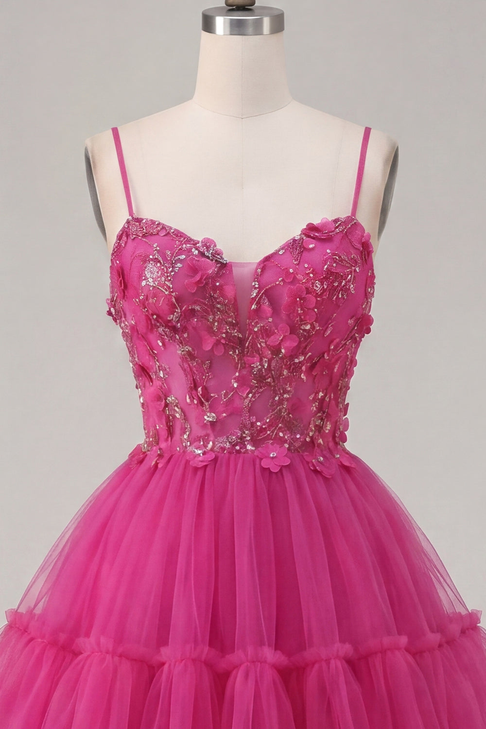 A Line Sparkly Fuchsia Corset Floral Beaded Short Spaghetti Straps Homecoming Dress