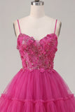 A Line Sparkly Fuchsia Corset Floral Beaded Short Spaghetti Straps Homecoming Dress