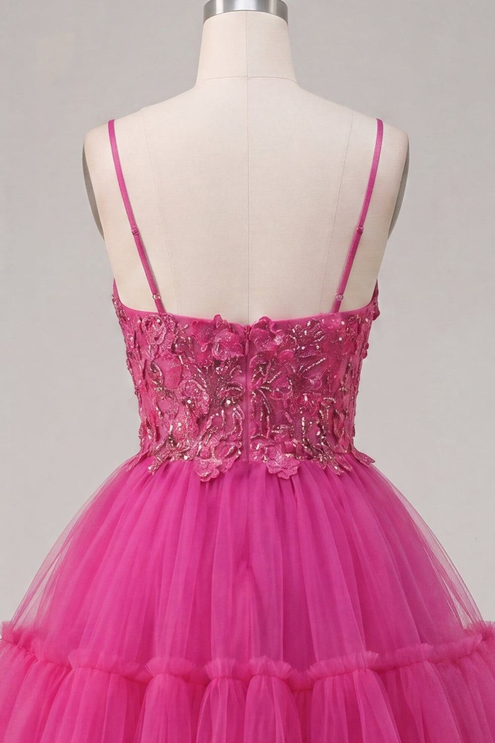 A Line Sparkly Fuchsia Corset Floral Beaded Short Spaghetti Straps Homecoming Dress