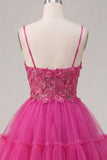 A Line Sparkly Fuchsia Corset Floral Beaded Short Spaghetti Straps Homecoming Dress