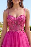 A Line Sparkly Fuchsia Corset Floral Beaded Short Spaghetti Straps Homecoming Dress