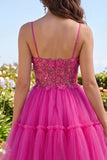 A Line Sparkly Fuchsia Corset Floral Beaded Short Spaghetti Straps Homecoming Dress
