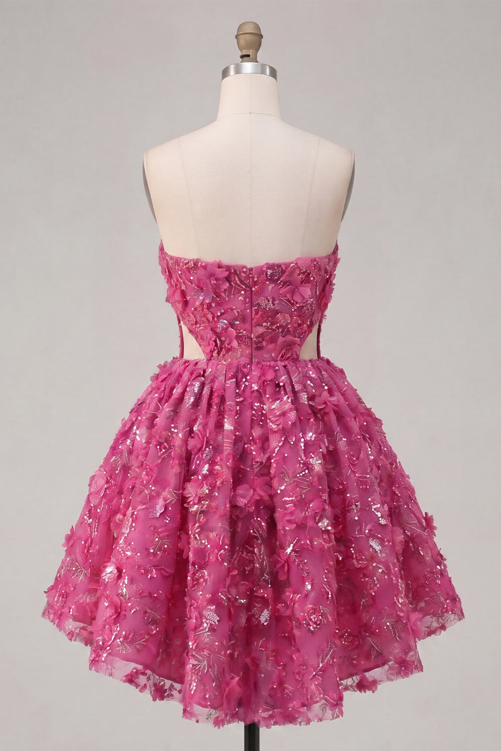 Sparkly Fuchsia Cut Out A Line Corset Floral Beaded Short Homecoming Dress
