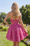 Sparkly Fuchsia Cut Out A Line Corset Floral Beaded Short Homecoming Dress