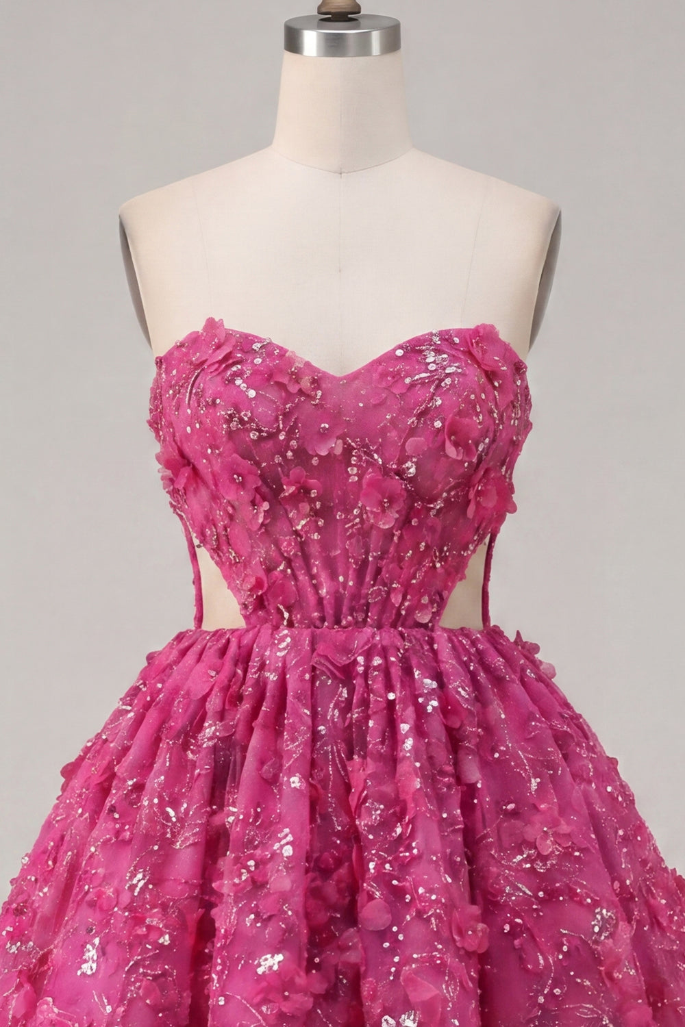 Sparkly Fuchsia Cut Out A Line Corset Floral Beaded Short Homecoming Dress