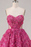Sparkly Fuchsia Cut Out A Line Corset Floral Beaded Short Homecoming Dress