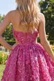 Sparkly Fuchsia Cut Out A Line Corset Floral Beaded Short Homecoming Dress