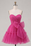 Fuchsia Sweetheart A Line Ruched Short Homecoming Dress with Bow