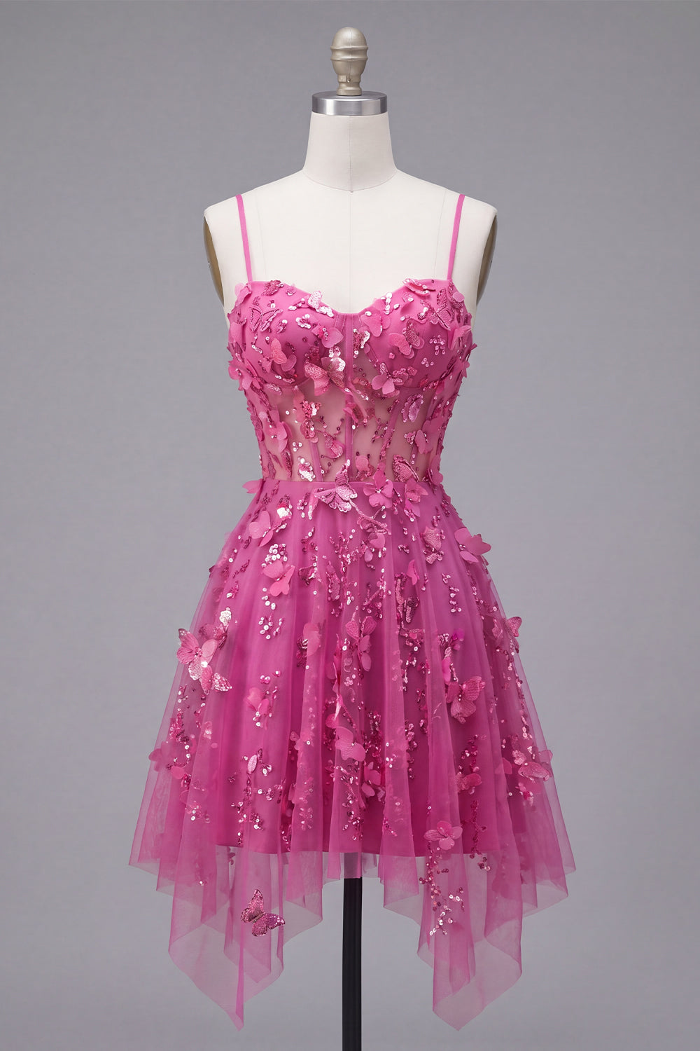 Beaded Short A Line Sparkly Fuchsia Corset Floral Homecoming Dress