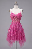 Beaded Short A Line Sparkly Fuchsia Corset Floral Homecoming Dress