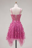 Beaded Short A Line Sparkly Fuchsia Corset Floral Homecoming Dress