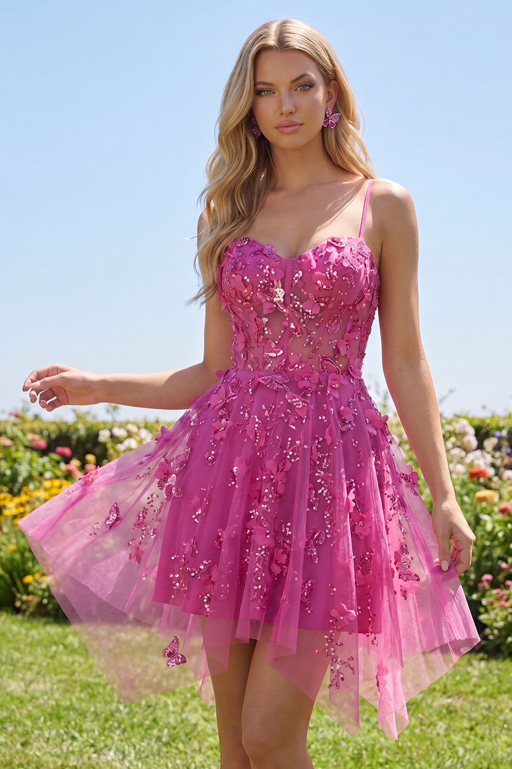 Beaded Short A Line Sparkly Fuchsia Corset Floral Homecoming Dress