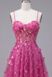 Beaded Short A Line Sparkly Fuchsia Corset Floral Homecoming Dress
