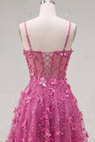 Beaded Short A Line Sparkly Fuchsia Corset Floral Homecoming Dress