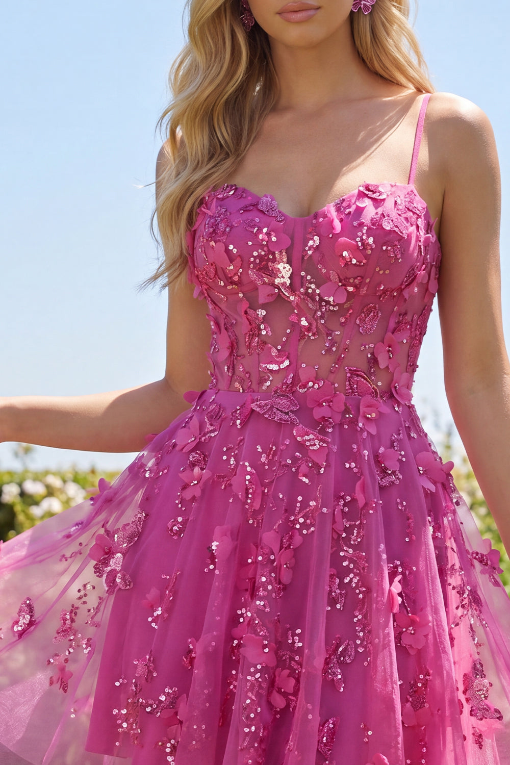 Beaded Short A Line Sparkly Fuchsia Corset Floral Homecoming Dress