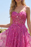 Beaded Short A Line Sparkly Fuchsia Corset Floral Homecoming Dress
