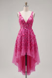 Beaded High Low A Line Sparkly Fuchsia Floral Homecoming Dress