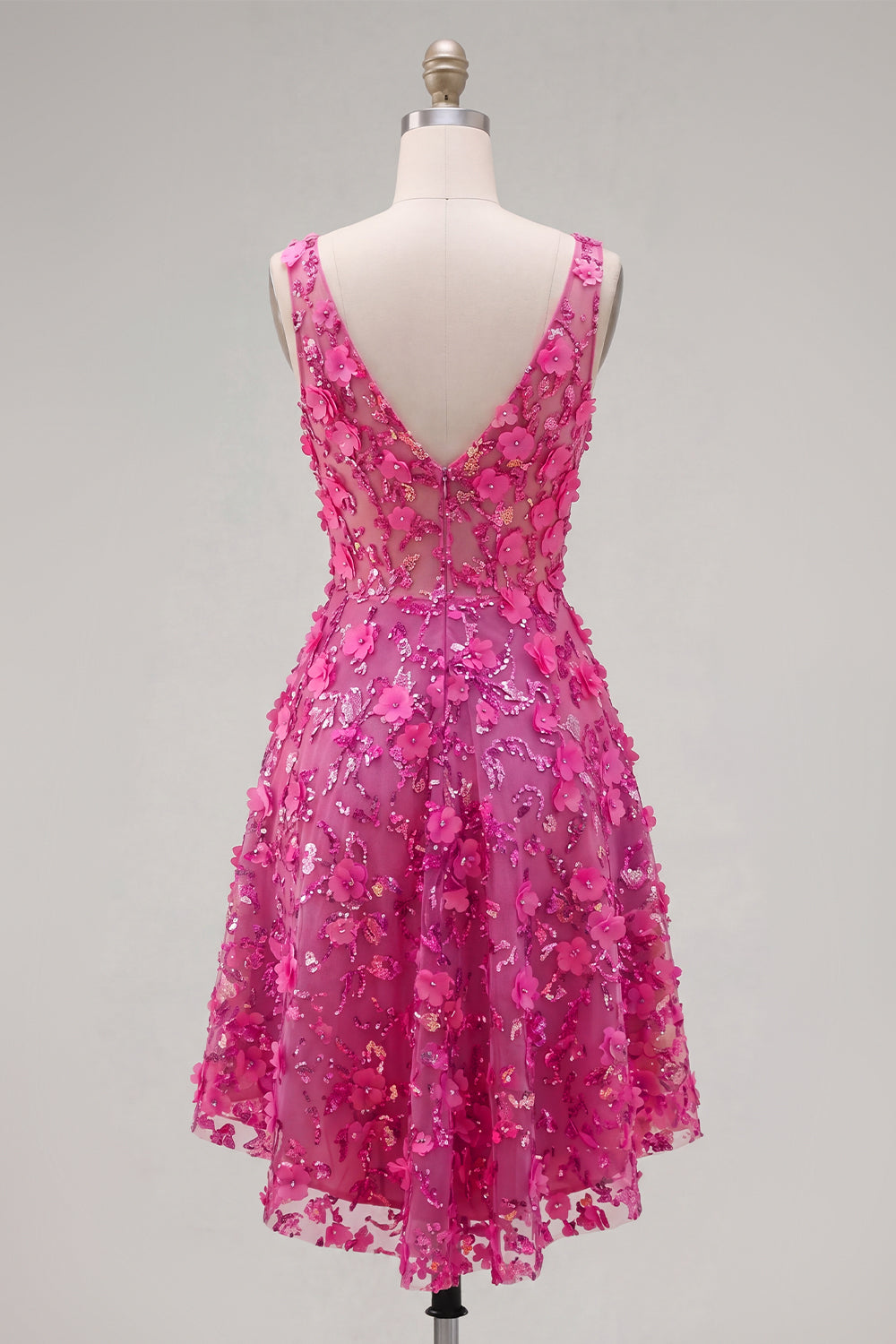 Beaded High Low A Line Sparkly Fuchsia Floral Homecoming Dress
