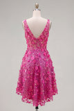 Beaded High Low A Line Sparkly Fuchsia Floral Homecoming Dress