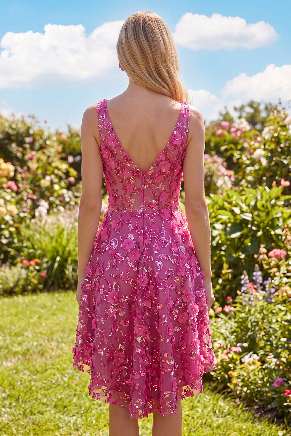 Beaded High Low A Line Sparkly Fuchsia Floral Homecoming Dress