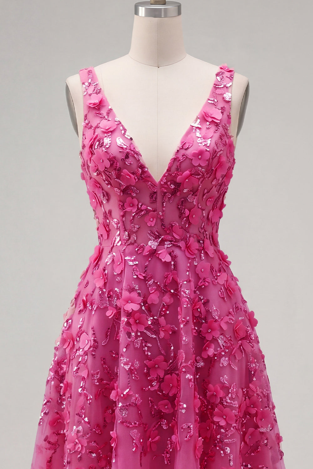 Beaded High Low A Line Sparkly Fuchsia Floral Homecoming Dress
