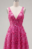 Beaded High Low A Line Sparkly Fuchsia Floral Homecoming Dress