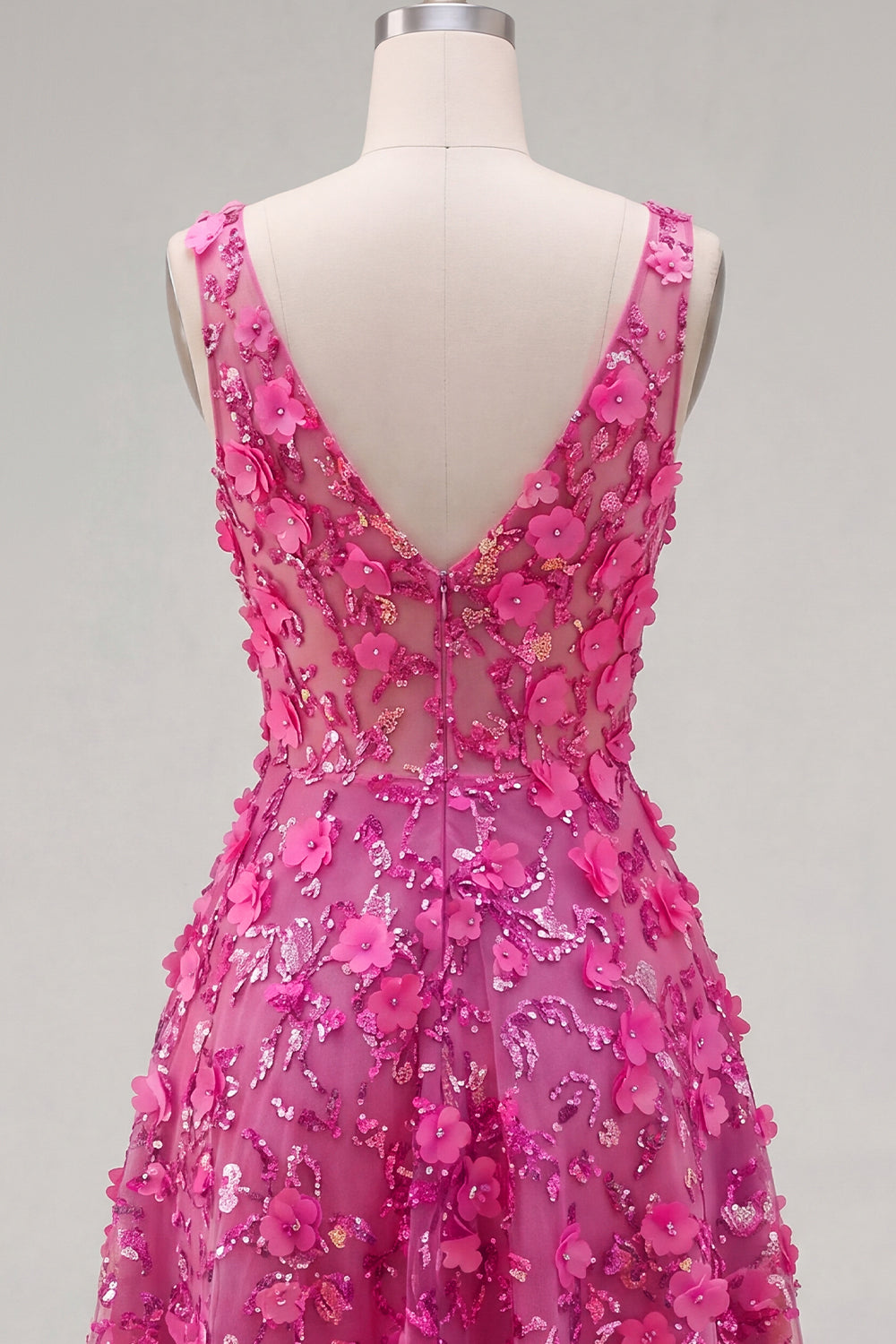 Beaded High Low A Line Sparkly Fuchsia Floral Homecoming Dress