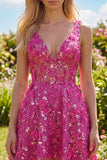 Beaded High Low A Line Sparkly Fuchsia Floral Homecoming Dress