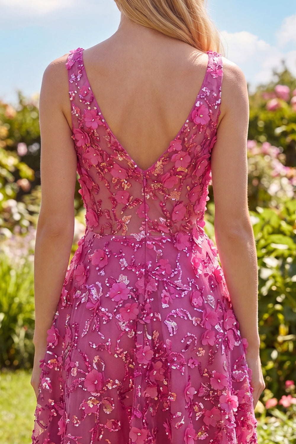 Beaded High Low A Line Sparkly Fuchsia Floral Homecoming Dress