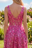 Beaded High Low A Line Sparkly Fuchsia Floral Homecoming Dress