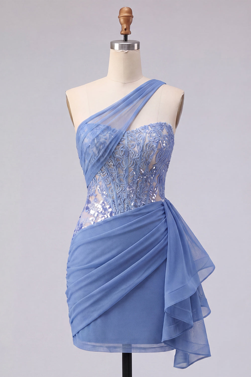 Corset Sparkly Grey Blue Tight Short Ruched Homecoming Dress with Lace