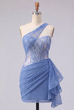 Corset Sparkly Grey Blue Tight Short Ruched Homecoming Dress with Lace