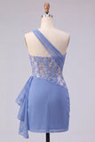 Corset Sparkly Grey Blue Tight Short Ruched Homecoming Dress with Lace