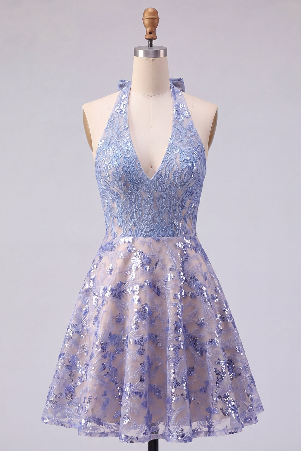 Halter Sparkly Grey Blue Short Beaded A Line Homecoming Dress with Bow