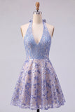 Halter Sparkly Grey Blue Short Beaded A Line Homecoming Dress with Bow