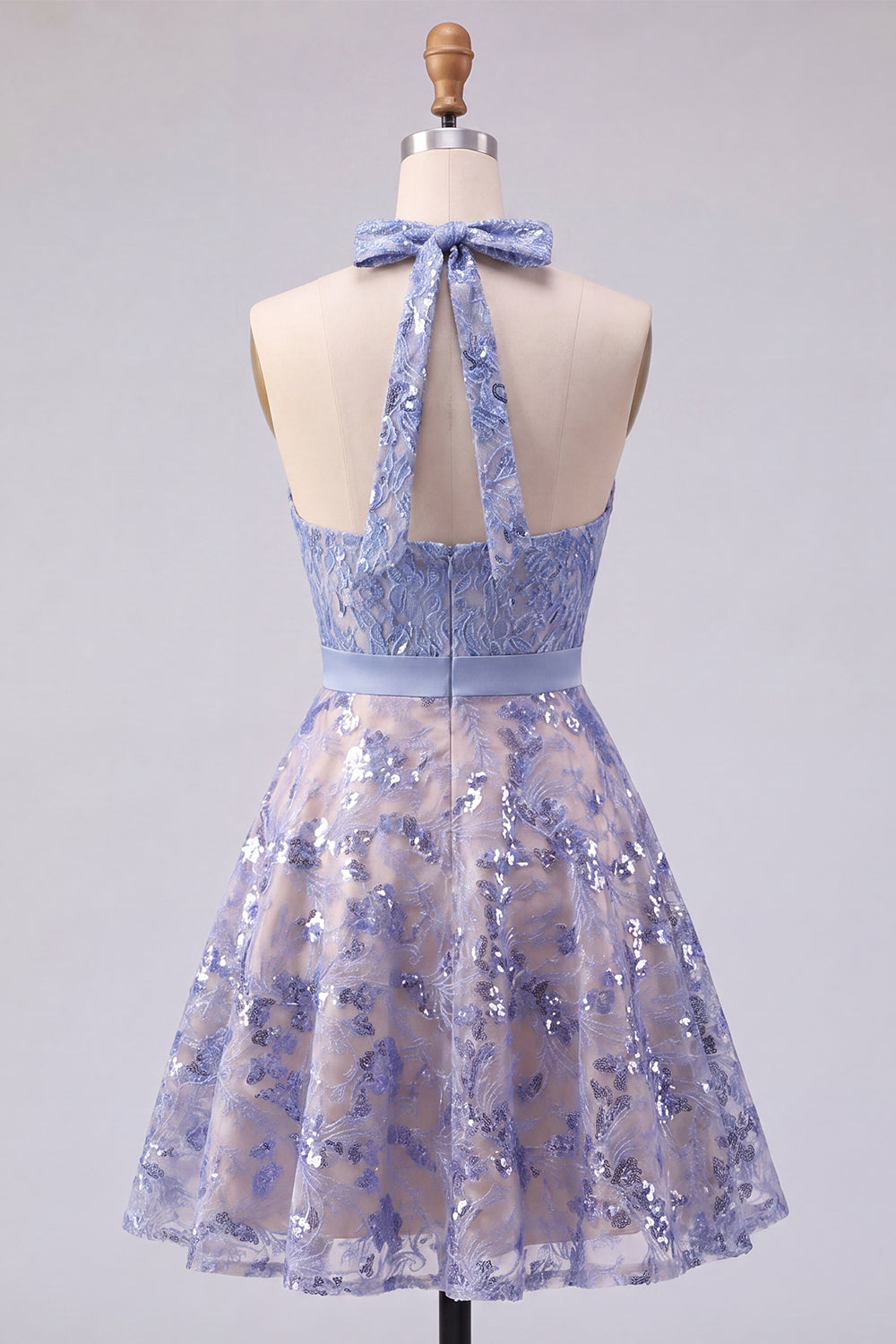Halter Sparkly Grey Blue Short Beaded A Line Homecoming Dress with Bow