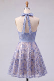 Halter Sparkly Grey Blue Short Beaded A Line Homecoming Dress with Bow