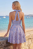 Halter Sparkly Grey Blue Short Beaded A Line Homecoming Dress with Bow