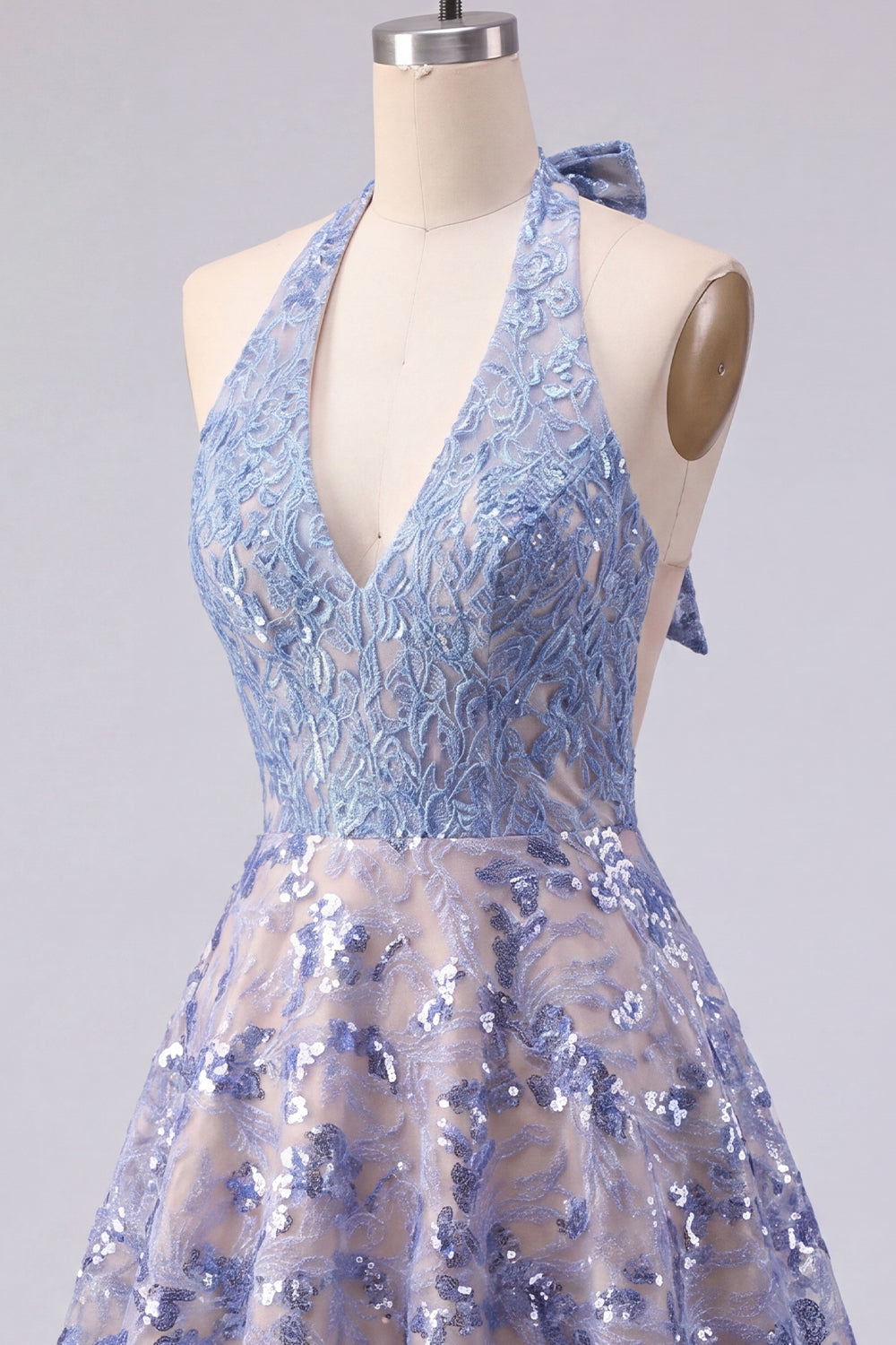 Halter Sparkly Grey Blue Short Beaded A Line Homecoming Dress with Bow