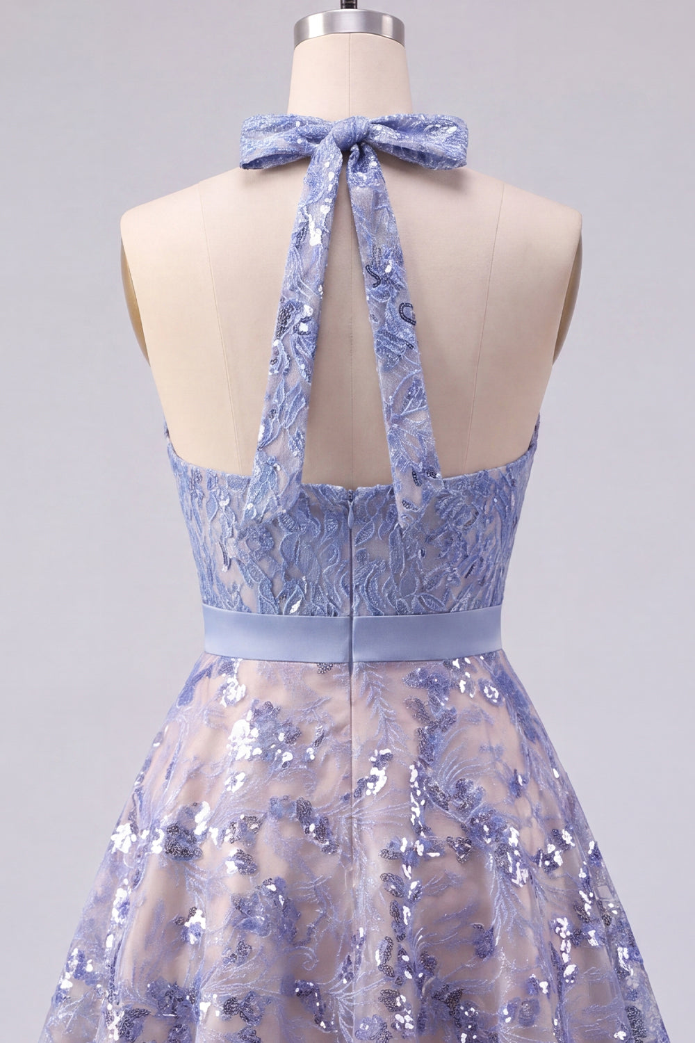 Halter Sparkly Grey Blue Short Beaded A Line Homecoming Dress with Bow