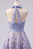 Halter Sparkly Grey Blue Short Beaded A Line Homecoming Dress with Bow