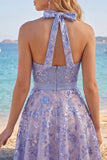 Halter Sparkly Grey Blue Short Beaded A Line Homecoming Dress with Bow