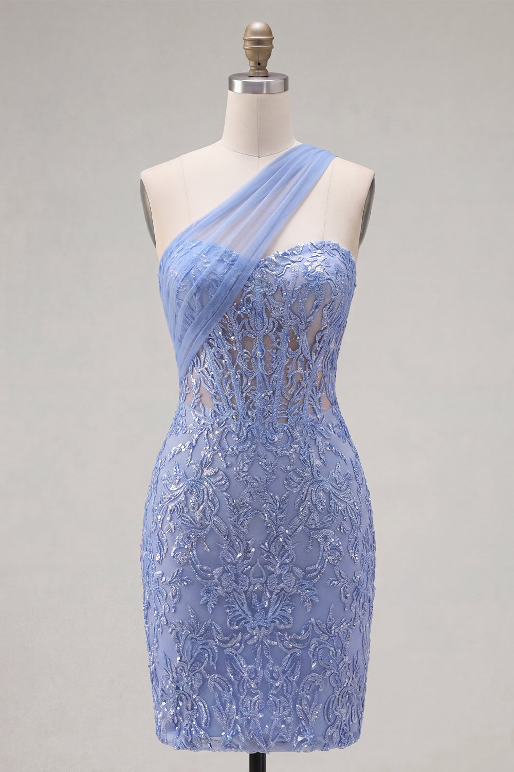 One Shoulder Corset Sparkly Grey Blue Tight Short Lace Homecoming Dress