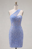 One Shoulder Corset Sparkly Grey Blue Tight Short Lace Homecoming Dress