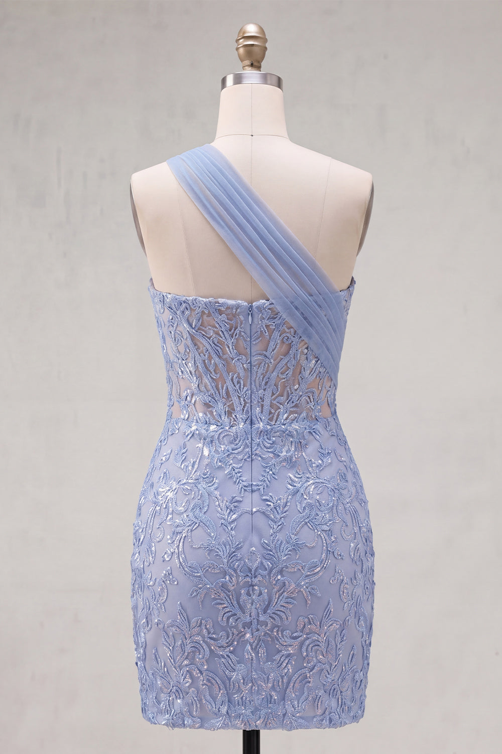 One Shoulder Corset Sparkly Grey Blue Tight Short Lace Homecoming Dress